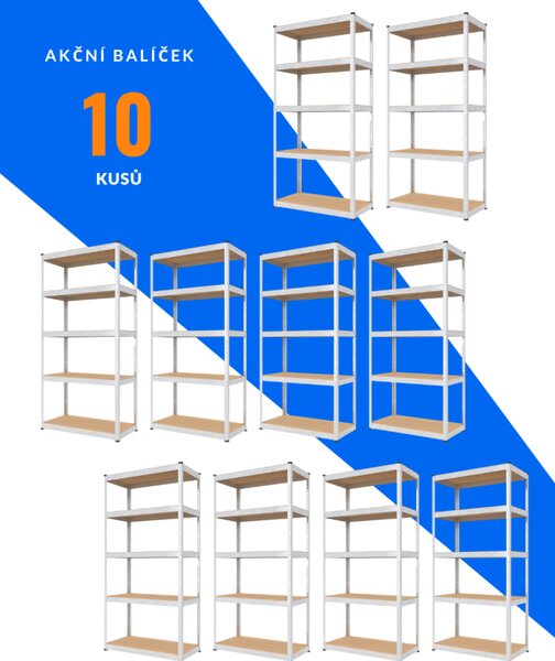 Akční balíček - 10x Kovový regál 180x90x40cm, zinkovaný, 5-policový, nosnost 875kg SMARTREGALY