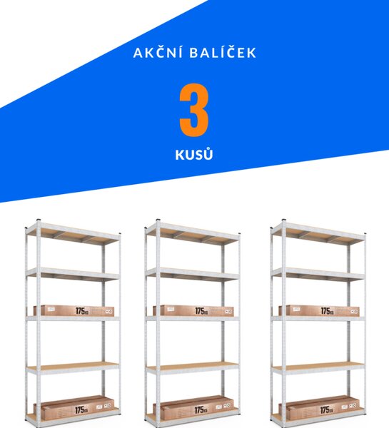 Akční balíček - 3x Kovový regál 150x70x30cm, zinkovaný, 4-policový, nosnost 700kg SMARTREGALY
