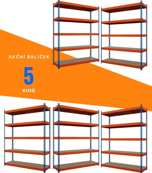 Akční balíček - 5ks Kovový průmyslový regál 216x140x60cm, lakovaný - modro/oranžový, 5-policový, nosnost 1500kg SMARTREGALY