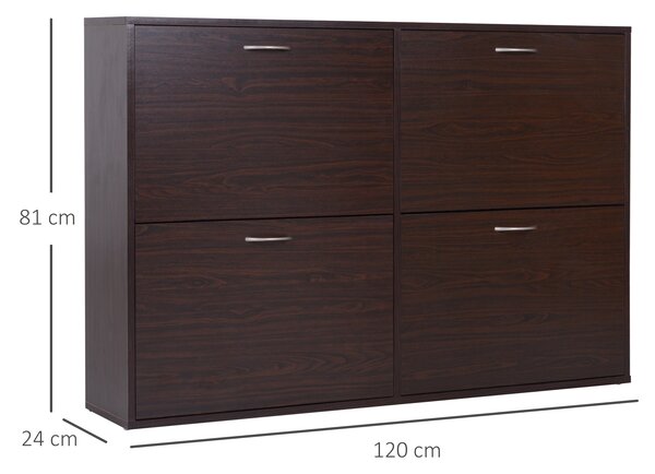 HOMCOM Slim vstupní botník se 4 výklopnými dvířky, moderní botník pro 24 párů bot s nastavitelnými policemi, dřevěný botník, 120x24x81cm, hnědý | Aoso