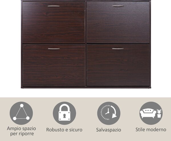 HOMCOM Slim vstupní botník se 4 výklopnými dvířky, moderní botník pro 24 párů bot s nastavitelnými policemi, dřevěný botník, 120x24x81cm, hnědý | Aoso