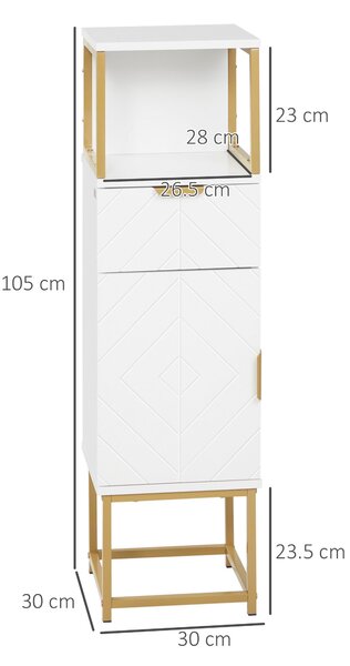 Kleankin Koupelnová Skříňka, Koupelnový Sloupek s Šuplíkem, Skříň a Police v Dřevě a Oceli, 30x30x105cm, Bílá | Aosom