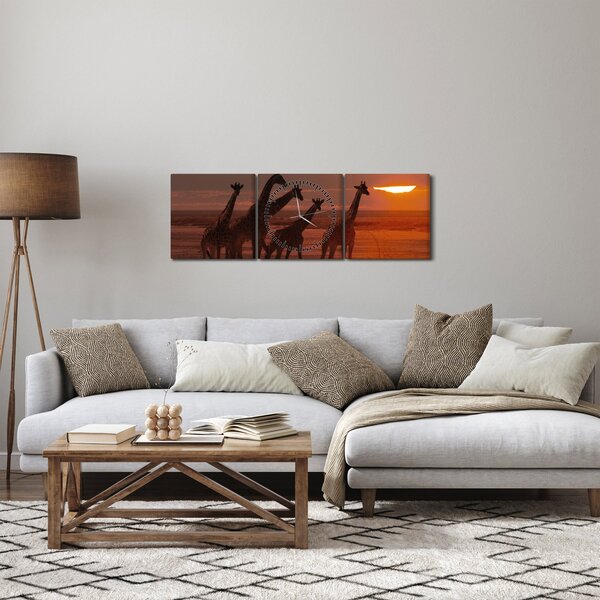 Obraz - Žirafy v africké savaně (s hodinami) (90x30 cm)