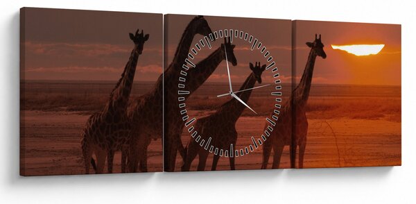 Obraz - Žirafy v africké savaně (s hodinami) (90x30 cm)
