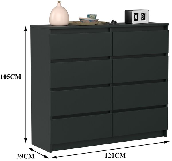 VBChome Komoda s 8 zásuvkami černá 120 x 39 x 105 cm Komoda bez úchytek dřevěná víceúčelová skříň víceúčelová skříň do předsíně ložnice