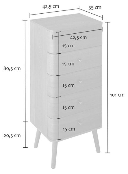 CALICOSY – vysoká komoda s 5 zásuvkami a zaoblenými hranami čela, výška 100 cm – KARL