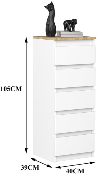 VBChome Komoda s 5 zásuvkami 40 x 39 x 105 cm Bílá s dubem Komoda bez úchytek Víceúčelová skříňka do předsíně Ložnice Obývací pokoj