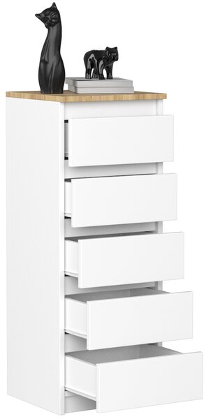 VBChome Komoda s 5 zásuvkami 40 x 39 x 105 cm Bílá s dubem Komoda bez úchytek Víceúčelová skříňka do předsíně Ložnice Obývací pokoj