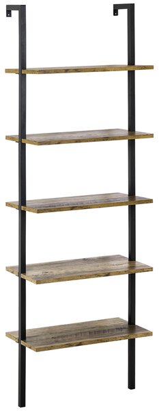 HOMCOM Knihovna ve stylu průmyslového ležení s 5 policemi, nástěnná knihovna ze dřeva a kovu, 60x30x184,5cm, hnědá | Aosom