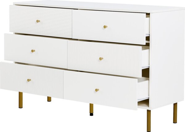 Komoda Fortuna Lai se 6 zásuvkami v bílé barvě - Moderní úložná skříňka s úchytkami ze slitiny zinku a ocelovými nožkami, 120x40x78 cm - Do ložnice, obývacího pokoje a předsíně