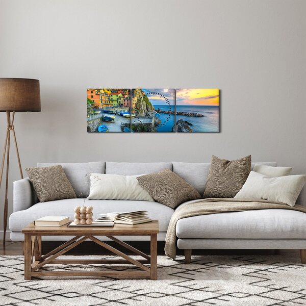 Obraz - Středomořská vesnice (s hodinami) (90x30 cm)