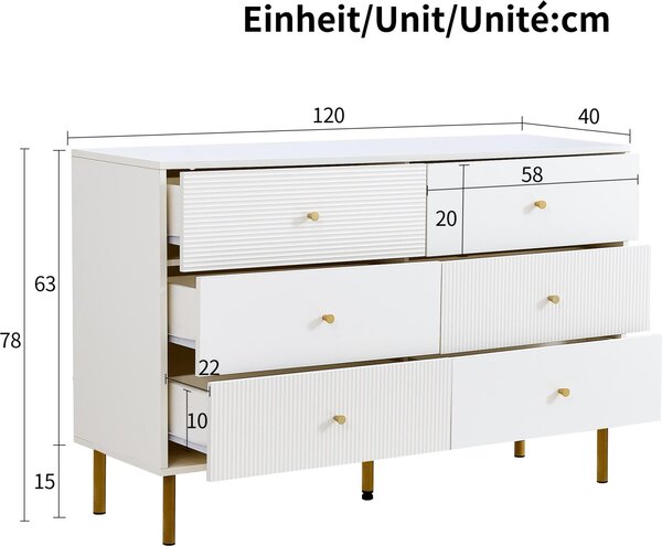 Komoda Fortuna Lai se 6 zásuvkami v bílé barvě - Moderní úložná skříňka s úchytkami ze slitiny zinku a ocelovými nožkami, 120x40x78 cm - Do ložnice, obývacího pokoje a předsíně