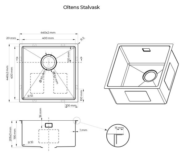 Oltens Stalvask ocelový dřez 44x44 cm černá 71100300