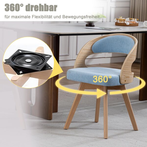 LVHOM, sada 2 ks otočných jídelních židlí (360°), čalouněné židle ve skandinávském stylu s bukovými nohami, ergonomické kuchyňské židle, modré