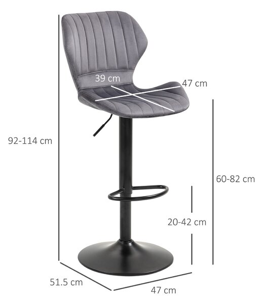HOMCOM Sada 2 výškově nastavitelných barových židlí s ergonomickým sedákem a opěrkou nohou, vysoké židle s velurovým efektem a kovovou konstrukcí, 47x