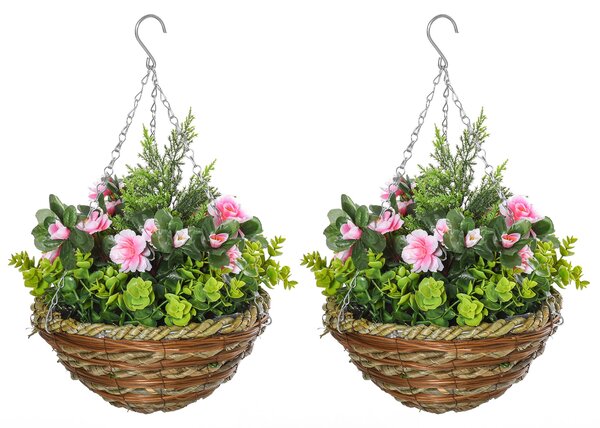 Outsunny Sada 2 Umělých Rostlin Lisianthus v Květináči s Háčkem, Umělé Rostliny z PE a Slinky, Ø25x34 cm, Zelená a Růžová | Aosom