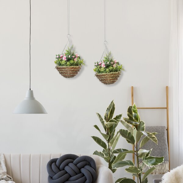 Outsunny Sada 2 Umělých Rostlin Lisianthus v Květináči s Háčkem, Umělé Rostliny z PE a Slinky, Ø25x34 cm, Zelená a Růžová | Aosom