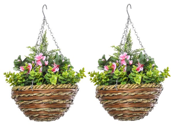 Outsunny Sada 2 Umělých Rostlin Lisianthus v Květináči s Háčkem, Umělé Rostliny z PE a Slinky, Ø25x34 cm, Zelená a Růžová | Aosom
