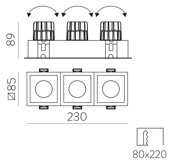 ACB Iluminacion Zapuštěné LED bodové svítidlo MOVE, š. 23 cm, 3x12W, CRI90, IP44 Barva: Černá, Teplota světla: 2700K - teplá bílá, Stmívání, řízení: ON/OFF (bez stmívání)