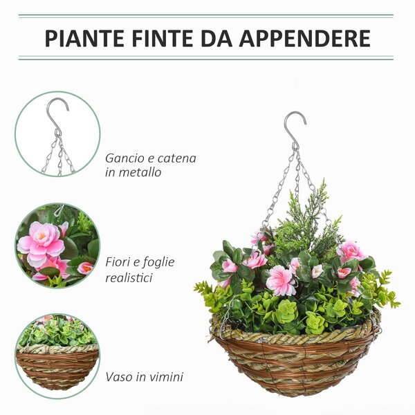 Outsunny Sada 2 Umělých Rostlin Lisianthus v Květináči s Háčkem, Umělé Rostliny z PE a Slinky, Ø25x34 cm, Zelená a Růžová | Aosom