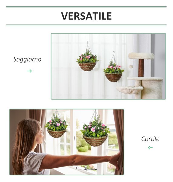 Outsunny Sada 2 Umělých Rostlin Lisianthus v Květináči s Háčkem, Umělé Rostliny z PE a Slinky, Ø25x34 cm, Zelená a Růžová | Aosom