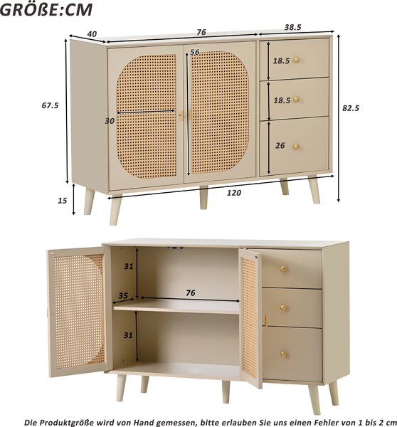 Flieks Komoda se 3 zásuvkami a 2 dvířky, ratanové skříňky do obývacího pokoje Stojací skříňka TV stolek 120x40x82,5 cm