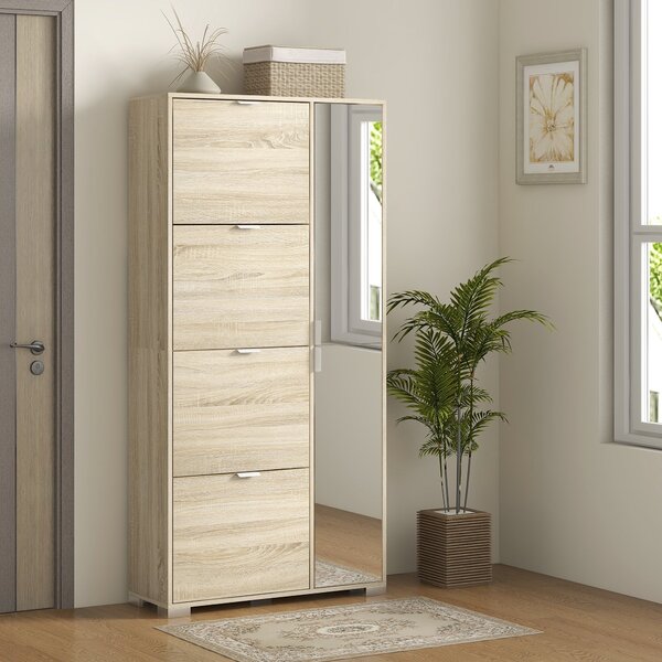 HOMCOM Botník se zrcadlem pro 16 párů bot, 4 výklopné zásuvky a 2 oddíly s nastavitelnou policí, 82x30x168cm, Ořech | Aosom