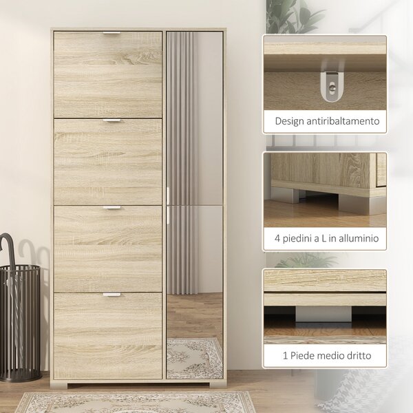 HOMCOM Botník se zrcadlem pro 16 párů bot, 4 výklopné zásuvky a 2 oddíly s nastavitelnou policí, 82x30x168cm, Ořech | Aosom