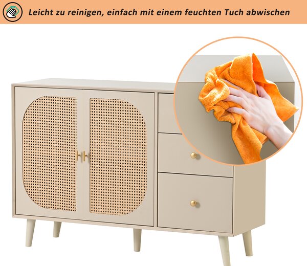 Flieks Komoda se 3 zásuvkami a 2 dvířky, ratanové skříňky do obývacího pokoje Stojací skříňka TV stolek 120x40x82,5 cm