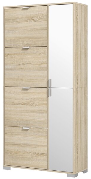 HOMCOM Botník se zrcadlem pro 16 párů bot, 4 výklopné zásuvky a 2 oddíly s nastavitelnou policí, 82x30x168cm, Ořech | Aosom