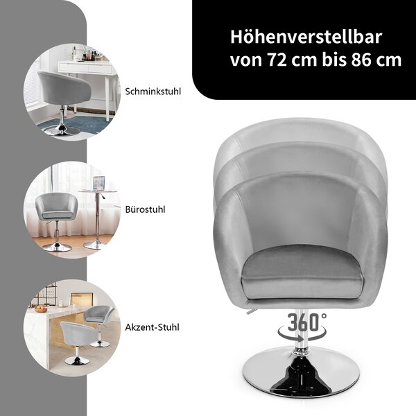 Výškově nastavitelná akcentní židle COSTWAY, čalouněná židle otočná o 360°, jídelní židle do 120 kg, sametová otočná židle (šedá)