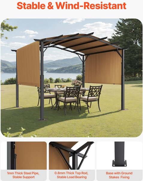 Venkovní výsuvná pergola o rozměrech 10 x 10 stop s klenutou kovovou střechou