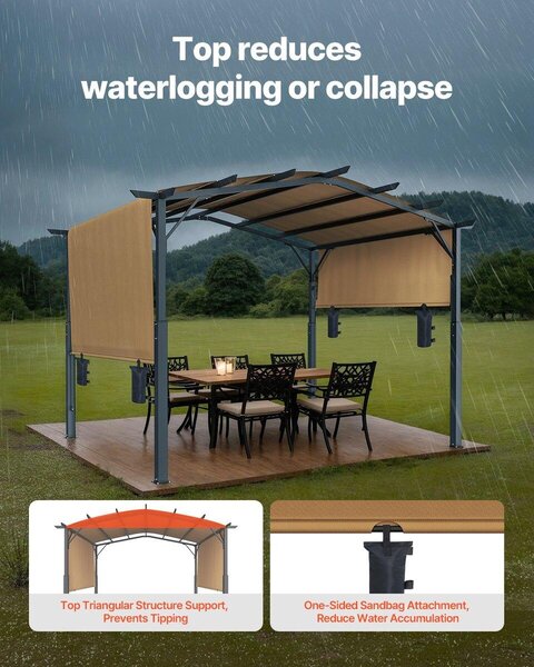 Venkovní výsuvná pergola o rozměrech 10 x 10 stop s klenutou kovovou střechou