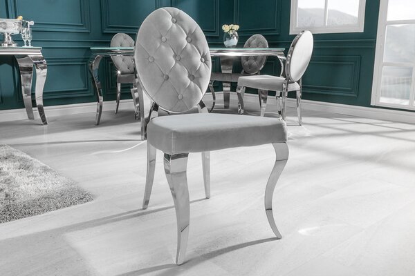 Riess-ambiente Elegantní židle MODERN BAROCK ušlechtile šedý samet s knoflíky nerezové nohy jídelní židle jídelní židle