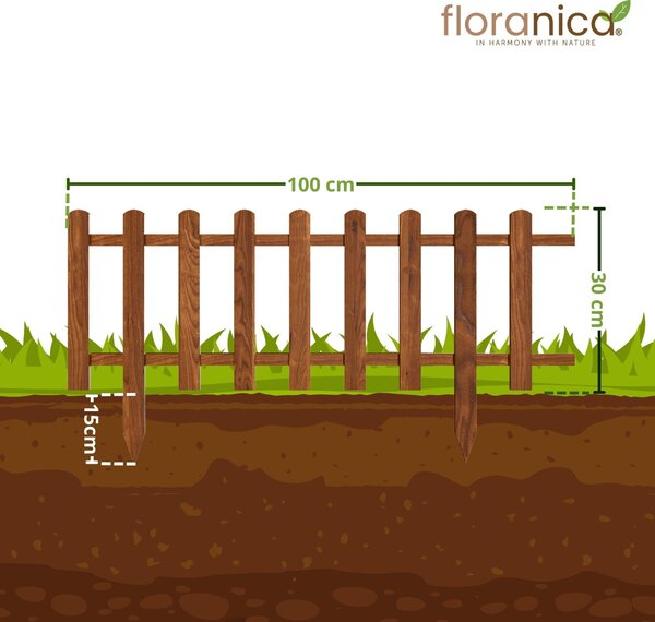 Floranica 4 ks ozdobný plot ze dřeva 100 x 30 cm hnědý (impregnovaný) zapichovací zahradní plot pro ohraničení záhonů, okraj trávníku