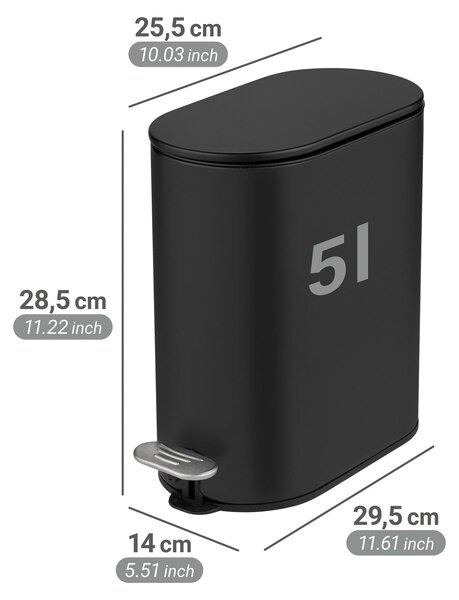 WENKO Kosmetický koš Mod Collungo Koš s pedálem 5 l Automatické zavírání Tiché zavírání Kov Ocel Pro koupelnu Černý 14 x 28,5 x 29,5 cm Matný S vnitřním košem