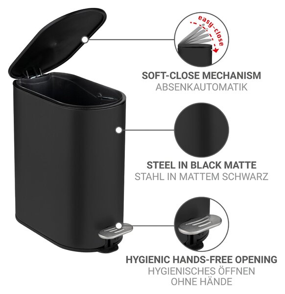 WENKO Kosmetický koš Mod Collungo Koš s pedálem 5 l Automatické zavírání Tiché zavírání Kov Ocel Pro koupelnu Černý 14 x 28,5 x 29,5 cm Matný S vnitřním košem