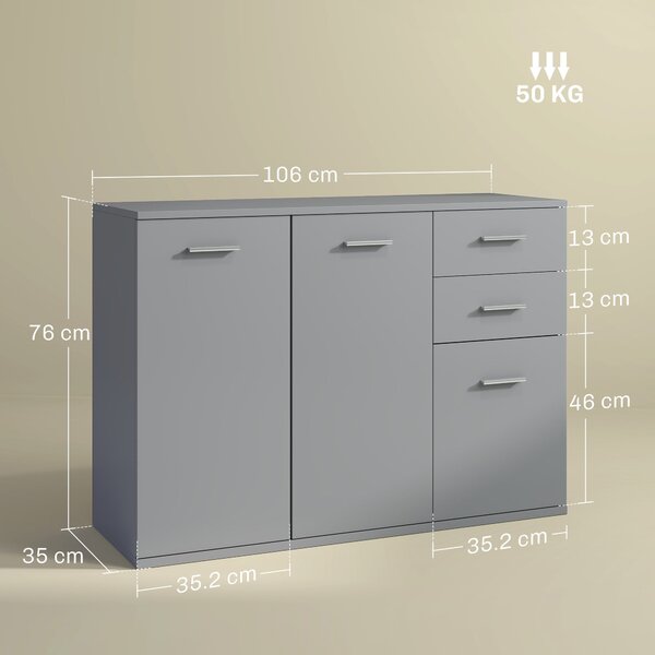 HOMCOM Obývací pokoj komoda se 3 skříněmi a 2 šuplíky, moderní úsporná komoda s nastavitelnou policí, 106x35x76 cm, světle šedá | Aosom
