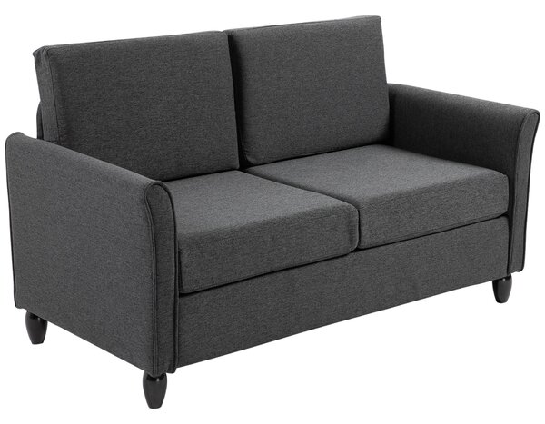 HOMCOM Široká dvoumístná pohovka s odnímatelnými polštáři pro obývací pokoj z látky s efektem lnu a pěny, 141x70x78 cm, tmavě šedá a černá | Aosom