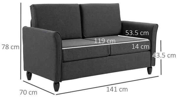 HOMCOM Široká dvoumístná pohovka s odnímatelnými polštáři pro obývací pokoj z látky s efektem lnu a pěny, 141x70x78 cm, tmavě šedá a černá | Aosom