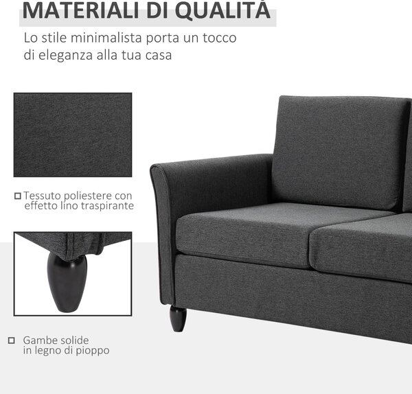 HOMCOM Široká dvoumístná pohovka s odnímatelnými polštáři pro obývací pokoj z látky s efektem lnu a pěny, 141x70x78 cm, tmavě šedá a černá | Aosom