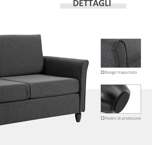 HOMCOM Široká dvoumístná pohovka s odnímatelnými polštáři pro obývací pokoj z látky s efektem lnu a pěny, 141x70x78 cm, tmavě šedá a černá | Aosom