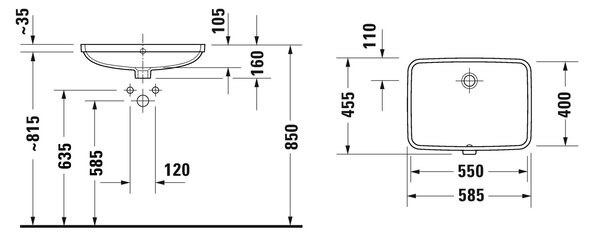 Duravit No. 1 umyvadlo 58.5x55.4 cm obdélníkový pod pult bílá lesk 03955500282
