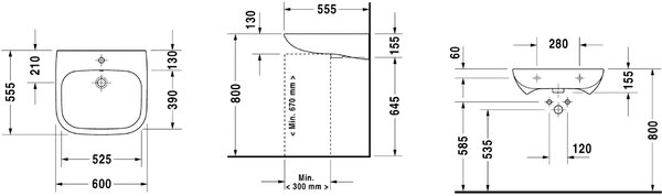 Duravit D-Code umyvadlo 60x55.5 cm obdélníkový klasický pro osoby se zdravotním postižením bílá 23126000002