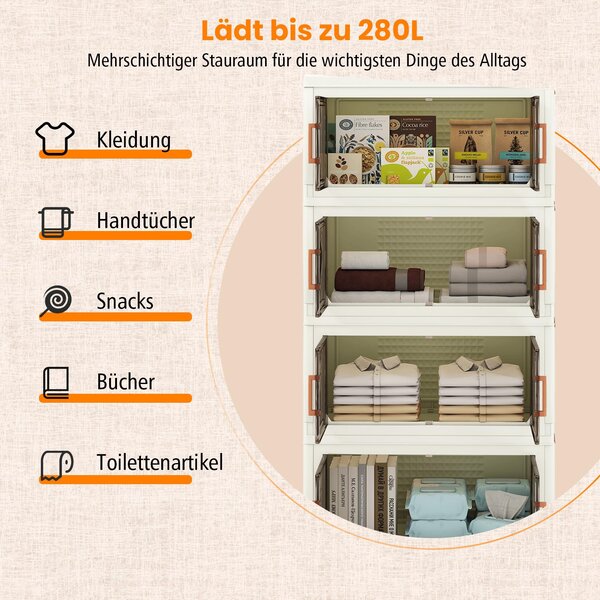 Skládací úložné boxy, 4dílná stohovatelná skříň z plastu, s víkem a dvířky, s kolečky, bílá a hnědá barva
