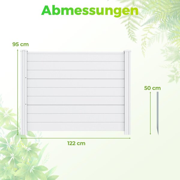 COSTWAY 2dílný zahradní plot 122 x 95 cm, plot se 3 sloupky, samostatně stojící zástěna z PP a pozinkovaného kovu, plot se zasouvacími lamelami, bílý