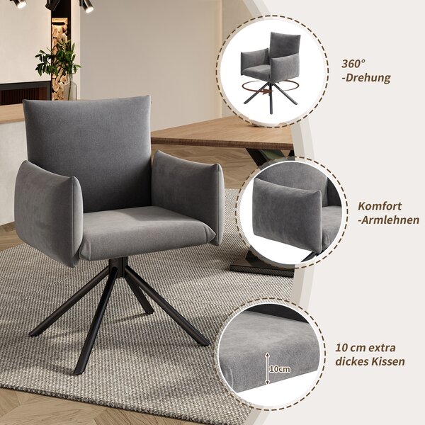 Jídelní židle Flieks (6 ks), otočná židle 360°, sametem čalouněná židle, jídelní židle se 4 kovovými nohami, prodyšný materiál, šedá barva