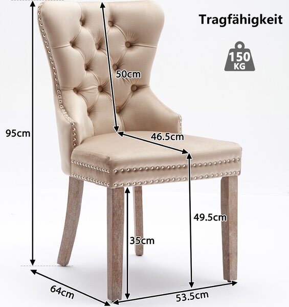 Židle do jídelny 2ks Sametová židle Kuchyňská židle Čalouněná židle Křeslo do jídelny s dřevěnými nohami a hřebíkovou hlavou, elegantní a ušlechtilé, béžová barva