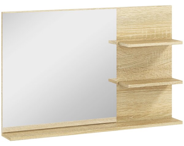 Moderní koupelnové zrcadlo Kleankin se 2 bočními policemi a spodní policí, nástěnné zrcadlo z MDF a skla, 75x10x48 cm, Dřevěná barva | Aosom
