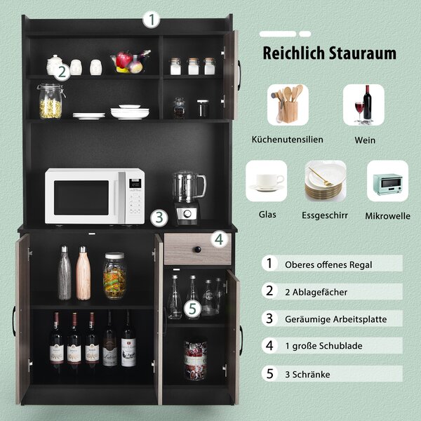COSTWAY 180 cm vysoká kuchyňská skříňka s integrovanou nabíjecí stanicí, bufetový příborník s horní deskou, pracovní deskou, zásuvkou, 4 nastavitelnými policemi